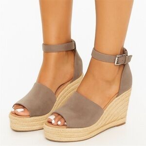 Tan Suede Wedge Sandals with Ankle Strap